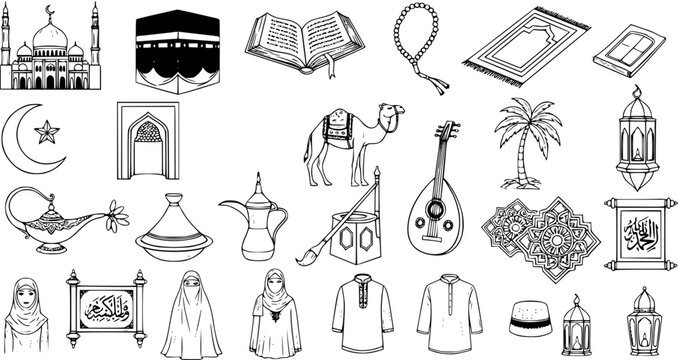 Collection of Hand Drawn Islamic and Arabic Cultural Symbols and Objects. Sketchy Doodle Icons representing Islam, Middle East Traditions, and Ramadan.