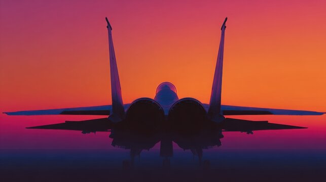 Supersonic fighter jet silhouetted against a vibrant sunset, reflecting in calm waters below.