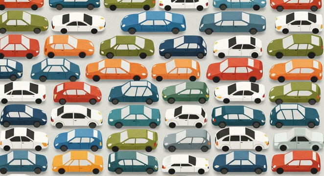 Many colorful toy cars arranged in rows.