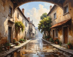 Fototapeta premium A serene, old European street scene with wet cobblestone road