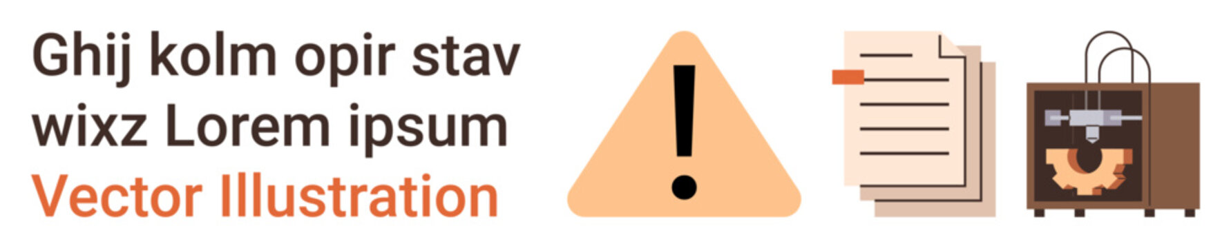Data processing, workflow management, technology warnings, 3D printing processes, industrial safety, manufacturing. Includes warning icon, documents and 3D printer graphic. Technology warnings