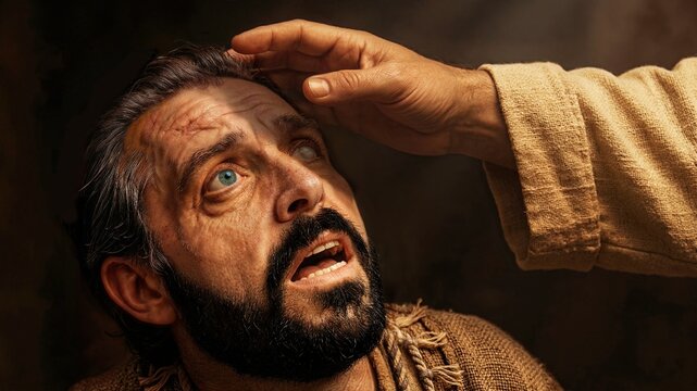 Ananias healing Saul of Tarsus in Damascus, biblical miracle of restoring sight, cinematic religious digital art, Apostle Paul conversion.