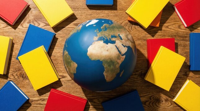 Colorful books scattered around a detailed globe on a wooden surface, symbolizing global education and knowledge sharing in a warm, inviting setting