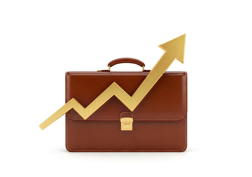 A brown leather briefcase with a gold arrow graph on it