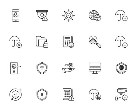 Security icon set. Vector illustration pack featuring password, lock, key, camera, virus protection, web security, surveillance and more. Editable stroke.