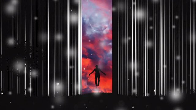 A silhouette of a man flying into an opening digital wall, revealing the Yin-Yang symbol in the sunset sky. The idea of ​​escaping the matrix, freedom of choice, open-mind, meditation. 4K 3D animation