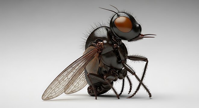 Close up of a housefly showcasing detailed features against a neutral backdrop