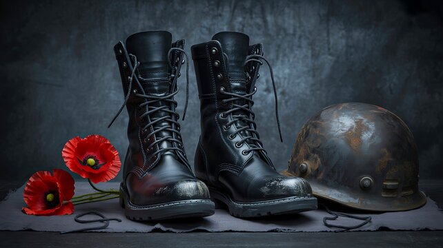 Military boots with helmet and poppy flowers representing remembrance and war memorial concept
