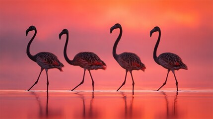 Fototapeta premium Four graceful flamingoes with long necks and legs walking in shallow pink-hued water at sunset