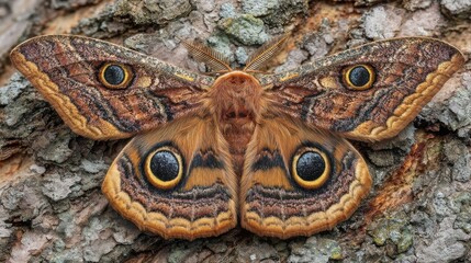 Obraz premium Majestic Moth with Eye-Like Markings Resting on Textured Tree Bark