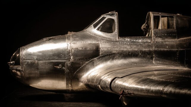 Close-up view of a vintage aluminum airplane fuselage showcasing precise riveted seams and cockpit detail