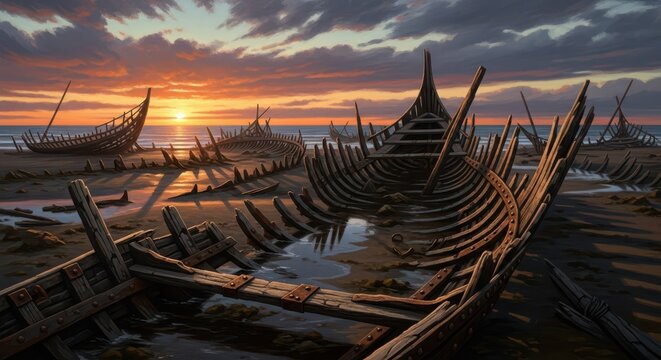 Abandoned wooden ship skeletons rest on a sandy beach during a vibrant sunset.
