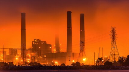 Obraz premium Industrial power plant at sunset with smoke and glowing lights, showcasing energy production