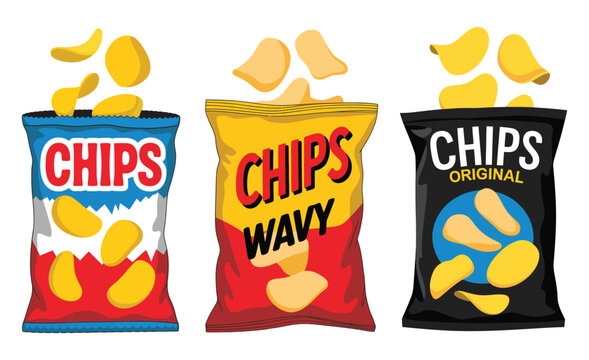 Potato chips package vector set isolated on white background featuring foil snack bags design for food branding packaging concept crisp chips illustration.