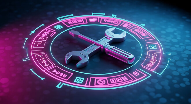 tech support and digital solution for system setup and maintenance featuring engineering tools on a glowing futuristic interface.