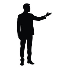 Fototapeta premium Professional black silhouette of a businessman in a suit with an outstretched hand and open palm gesturing towards an unseen area vector on white background
