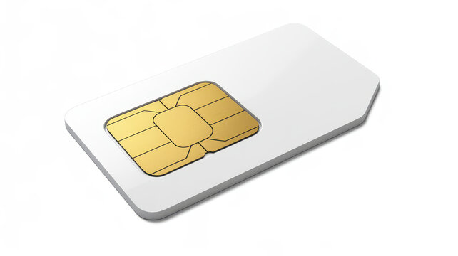 Single mobile phone sim card with gold chip isolated on a clean white background, for technology