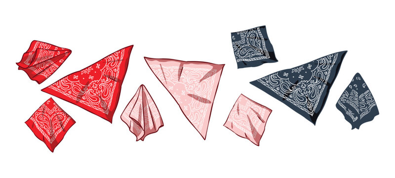 High-quality bandana graphics in various folds and colors for creative projects. Great for western wedding invitations, western party decor, and trendy retro apparel surface pattern designs.