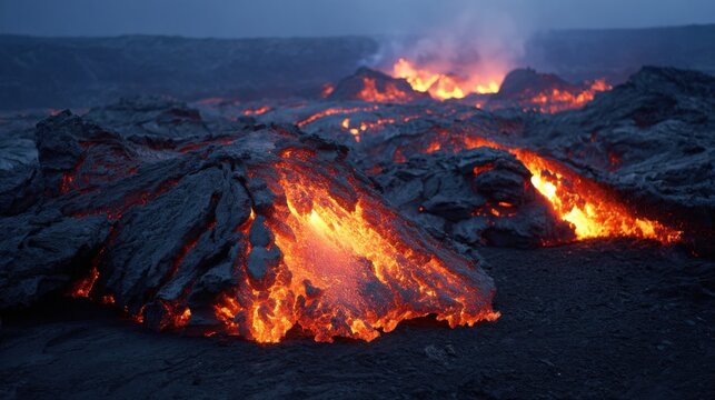 Expansive Lava Flow Glowing with Intense Orange Heat Amidst Volcanic Landscape