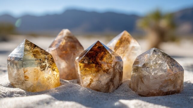 Polished Citrine Quartz Crystal Clusters in Outdoor Natural Setting
