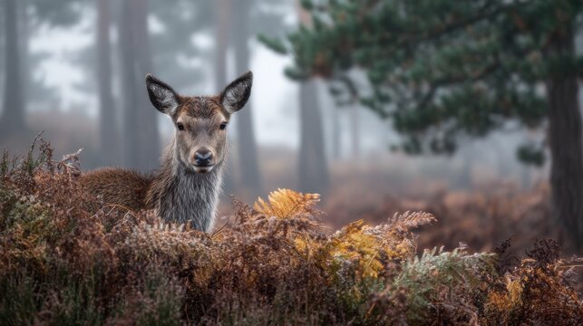 Shy deer with large gentle eyes peeking from behind autumn foliage in a misty forest