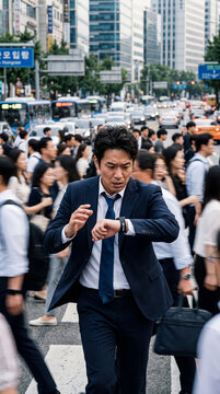 A busy businessman hurries through a crowded city street, checking his watch amidst a blur of pedestrians and urban activity.