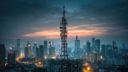 Fototapeta premium Urban skyline at dusk with a telecommunications tower, showcasing city lights and a dramatic sky