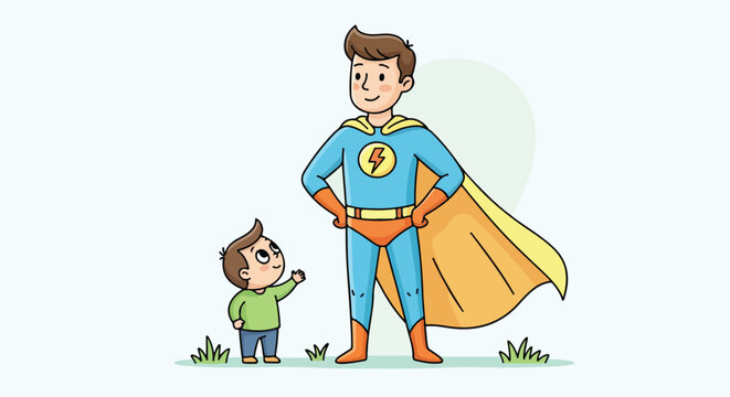 Superhero and little boy standing together.
