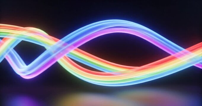 Colorful neon light trails intertwine in a dark space, creating a vibrant abstract background