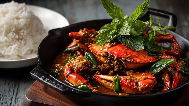 Chaa Kdam Meric Kchai, fried crab with Kampot green pepper, whole bright red crab in black iron skillet with golden garlic and fresh Kampot green peppercorns still on vine