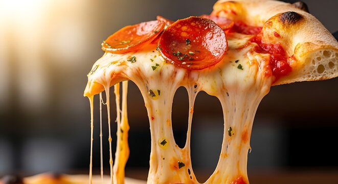 Melted cheese stretches from a slice of pepperoni pizza on a table indoors.