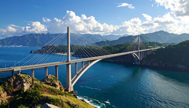 A large cable-stayed bridge spanning over a body of water with mountains in the background
