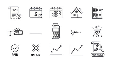 Real Estate Icons: Rent, Payment, Calendar, House, Building, Graph, Paid/Unpaid Status © Rizal