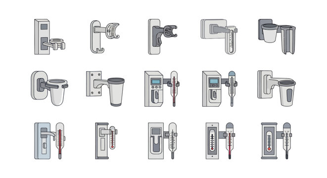 Collection of wall-mounted thermometers and weather stations, diverse designs