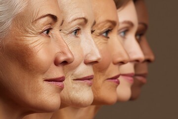 Fototapeta premium multi age female faces lineup, beauty aging concept