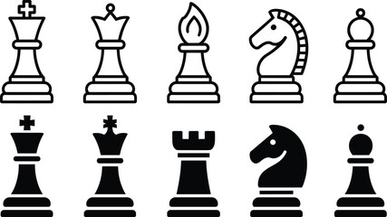 Chess pieces icon collection, king queen bishop knight rook pawn symbols, outline and solid styles, vector illustration for strategy board game design © Alexander
