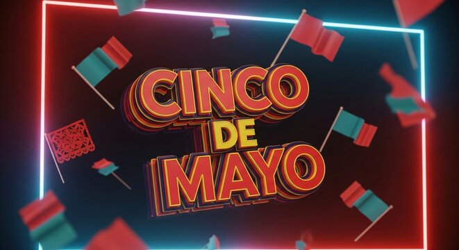 Bold CINECO DE MAYO text surrounded by floating red and green Mexican flags in vibrant neon border, celebratory holiday graphic