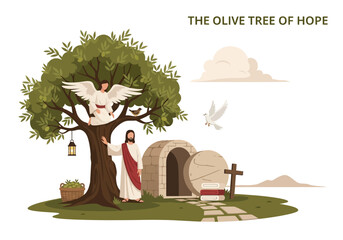 Fototapeta premium A Flat Vector Illustration Depicting Jesus Christ Standing Beside an Olive Tree with an Angel, a Tomb, and a Dove
