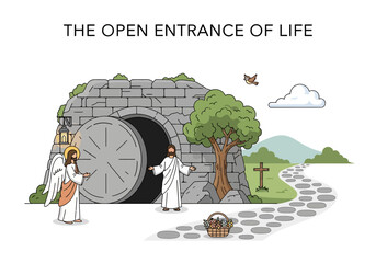 Fototapeta premium The Open Entrance of Life, depicting a stone tomb entrance with an angel and a resurrected figure