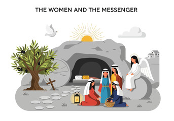 Fototapeta premium Easter Scene Women Discover the Empty Tomb with an Angelic Messenger
