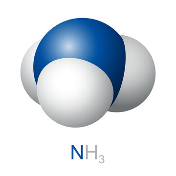 Ammonia molecule, NH3, space-filling model. Inorganic chemical compound of nitrogen and hydrogen. Stable binary hydride and simplest pnictogen hydride, used in fertilizers, refrigerants, etc. Vector