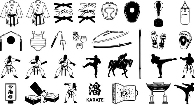 Karate Martial Arts Vector Icon Set. Collection of Training Equipment, Uniforms, Belts, Weapons, and Fighting Poses. Black and White Outline Illustrations.