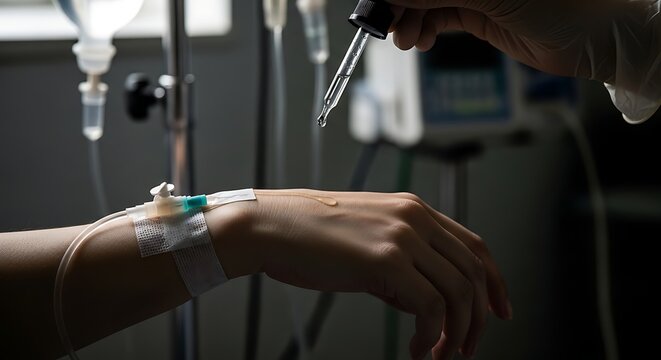 Medical Professional Administering Intravenous Therapy to Patient in Hospital Setting.