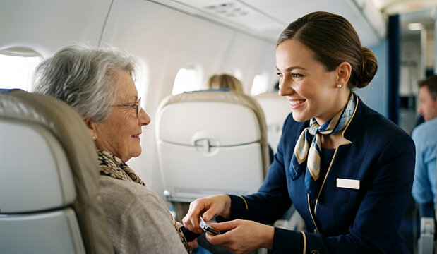 flight attendant helping an elderly passenger with care.