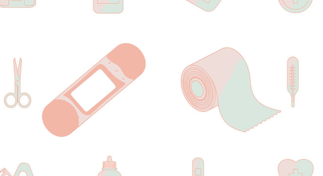 Medical First Aid Kit Elements - Bandage, Scissors, Band-Aid, Thermometer, Tape