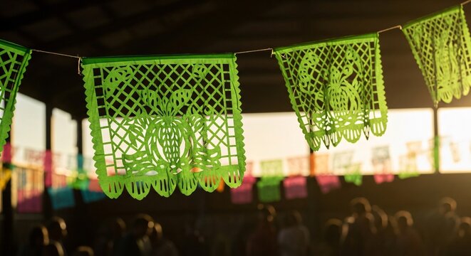 Green intricately cut papel picado flags hanging from string during Cinco de Mayo celebration, blurred party crowd background