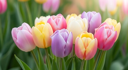 Fototapeta premium Vibrant Tulips Blooming in Garden with Green Leaves and Stems