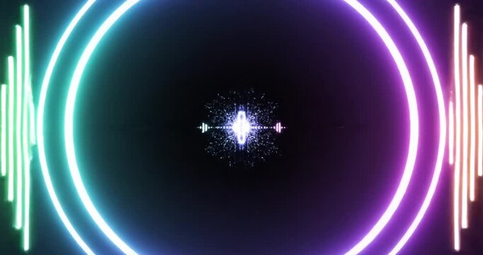 Colorful sound wave visualization with circular element and vibrant audio peaks against dark background