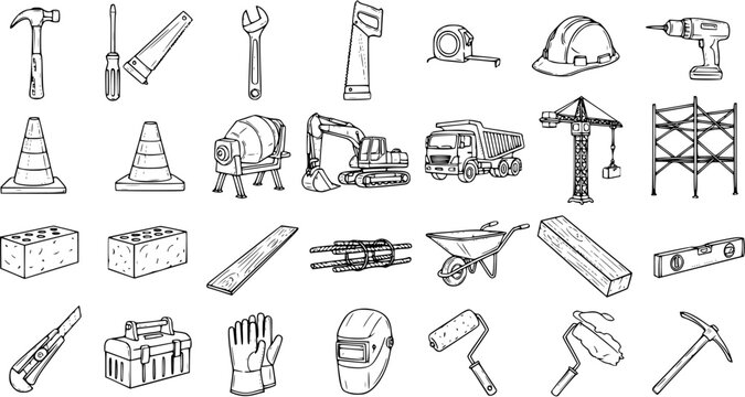 Hand-drawn black and white vector icons of various construction tools, equipment, machinery, materials, and safety gear for building and renovation projects.