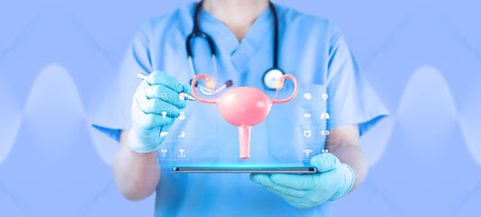 Fototapeta premium Concept of telemedicine and digital gynecological monitoring, early detection and screening of cervical cancer. Women's health and modern healthcare. Doctor using a tablet examines the uterus.